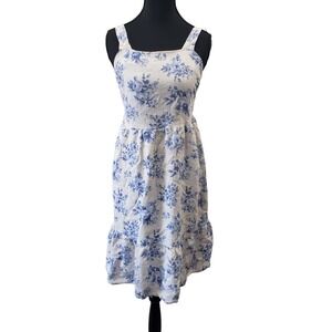 Monteau Los Angeles Blue Floral Toile Midi Dress Linen Blend Smocked Back Large
